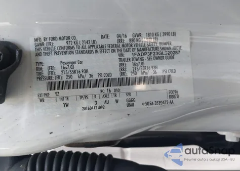 2016 Ford Focus Se z USA, uszkodzony, nr VIN 1FADP3F23GL320287